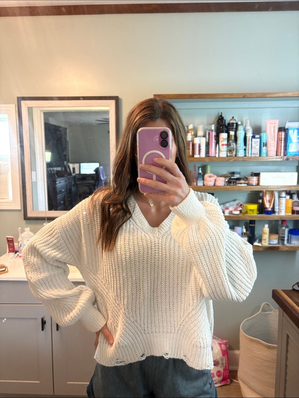 No Boundaries Cream V-Neck Chunky Knit Sweater